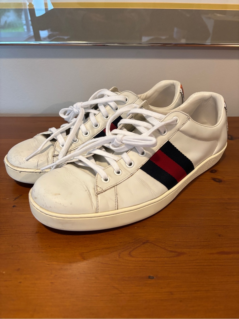 Authentic Gucci Ace Tiger White Leather Sneaker with Red & Navy Web Stripe
